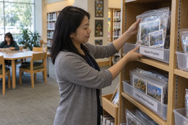 Asian adult librarian placing a bagged puzzle and reference card on a storage shelf