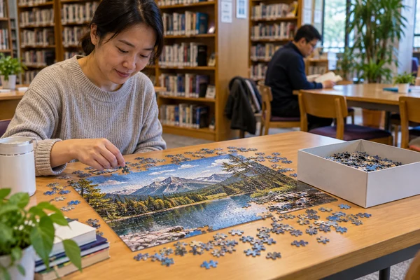 Partially assembled landscape puzzle on a library community table