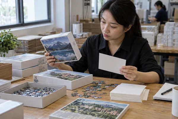 Asian adult gift coordinator comparing discreet logo puzzle boxes and blank message cards