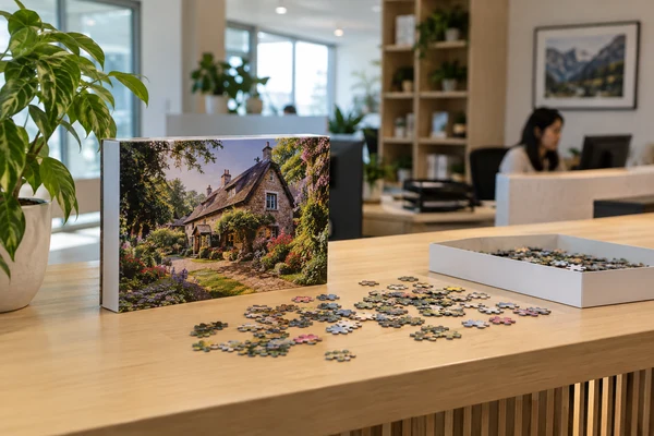 tasteful house-image puzzle gift box on an office welcome desk