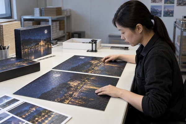Asian adult prepress specialist comparing two dark puzzle prints under neutral light