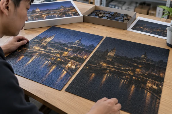 Night-city puzzle proof with visible shadow detail beside a darker comparison print