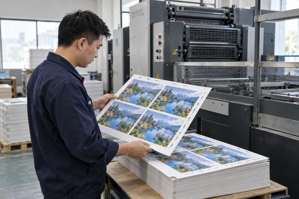 Asian adult print technician reviewing a sheet beside a guarded offset press