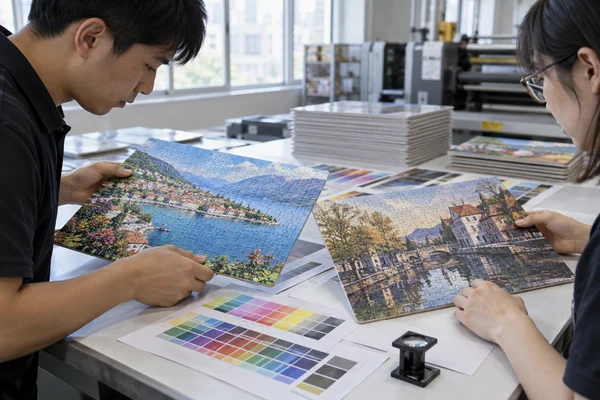 Two printed puzzle sheets and colour proof strips on a prepress review table