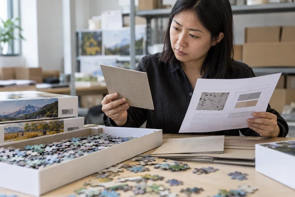 Asian adult procurement specialist reviewing a plain carton sample and material document