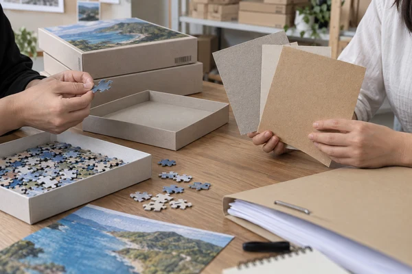 Paperboard samples and plain puzzle packaging beside a neutral documentation folder