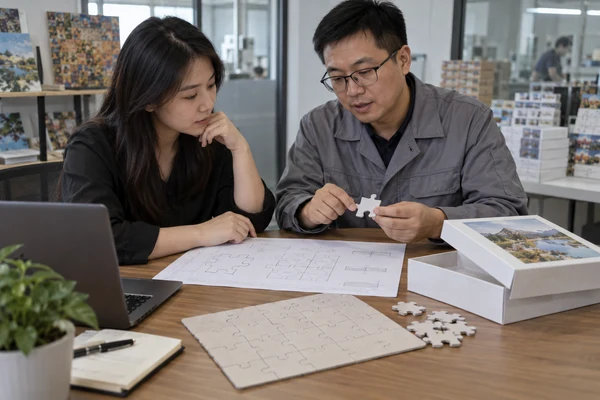 Asian adult buyer and engineer reviewing a cardboard puzzle prototype and box
