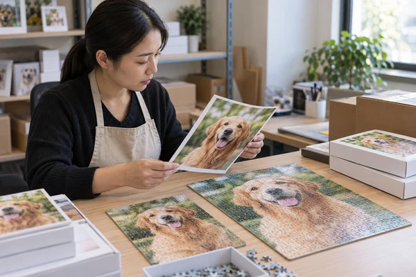Asian adult reviewer comparing printed pet portraits with cardboard puzzle samples