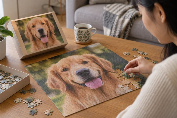 Golden retriever portrait cardboard puzzle with clear fur detail on a home table