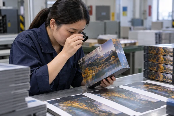 Asian adult packaging technician checking finish registration with a plain magnifier