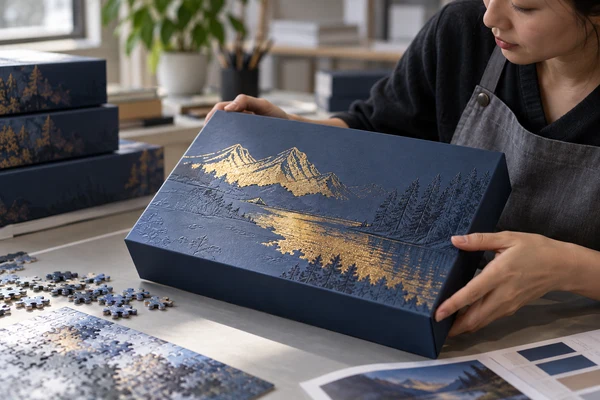 Gold foil accent and subtle embossed detail on a plain deep blue puzzle gift box