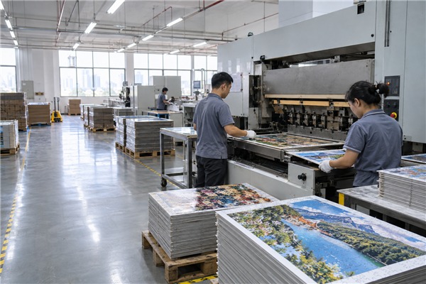 Custom puzzle pieces and production materials reviewed before packing