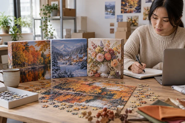 Three seasonal puzzle boxes with autumn, winter and floral artwork on a planning table