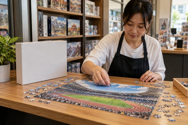 Original stadium-illustration puzzle beside a plain merchandise box