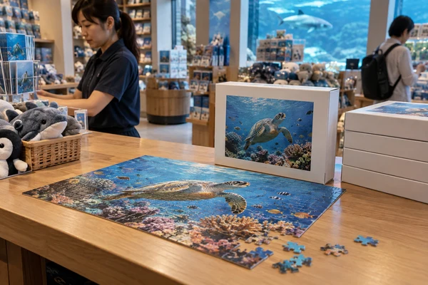 Aquatic wildlife cardboard puzzle and plain box on a visitor gift-shop counter